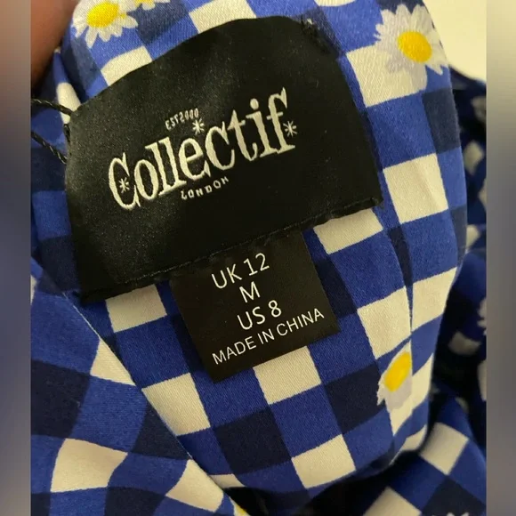 T34a- COLLECTIF LONDON Blue-White GINGHAM Plaid DAISIES Midi DEMIRA Sheath Dress - Picture 5 of 10